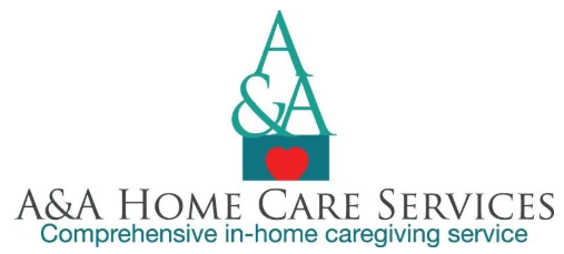 A&amp;A home Care Services logo. Stylized A and symbol A over a green box with red heart. 